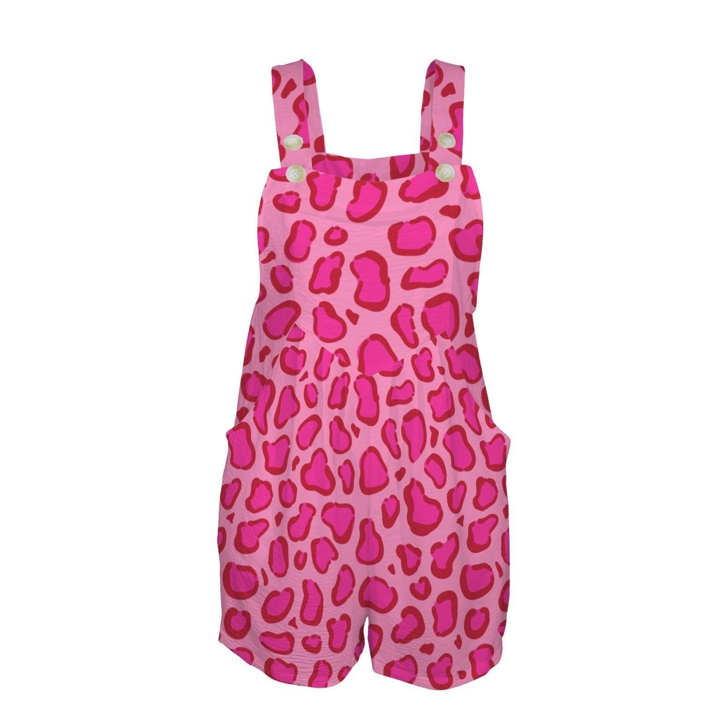 Hot Pink Leopard Shortalls Romper for Women, Animal Print Playsuit with Pockets, Bold Vacation Outfit, Trendy Summer Jumpsuit
