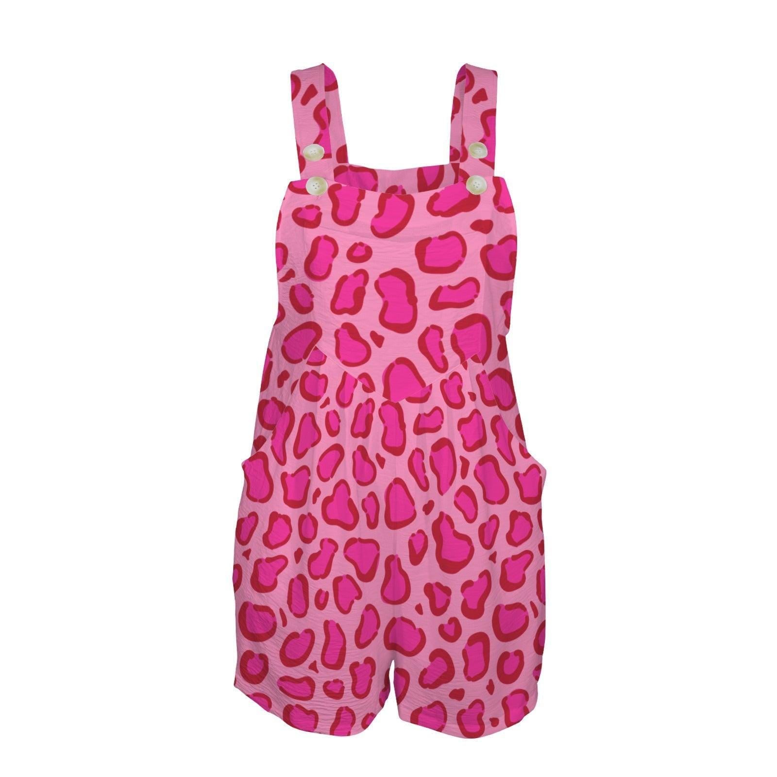 Hot Pink Leopard Shortalls Romper for Women, Animal Print Playsuit with Pockets, Bold Vacation Outfit, Trendy Summer Jumpsuit