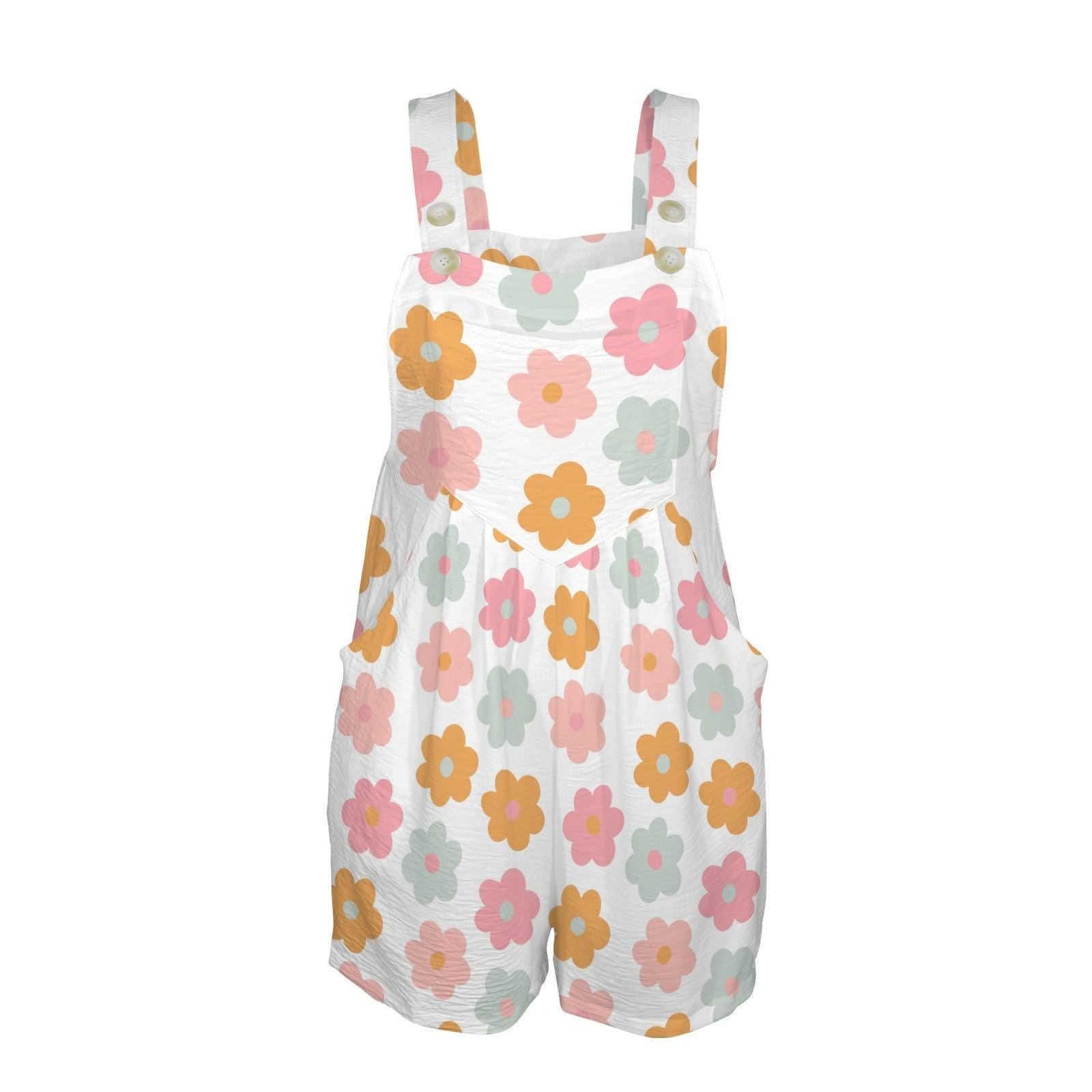 Floral Overall Romper for Women, Pastel Daisy Shortalls, Loose Fit Bib Front Summer Jumpsuit with Pockets, Retro Garden Vacation Outfit