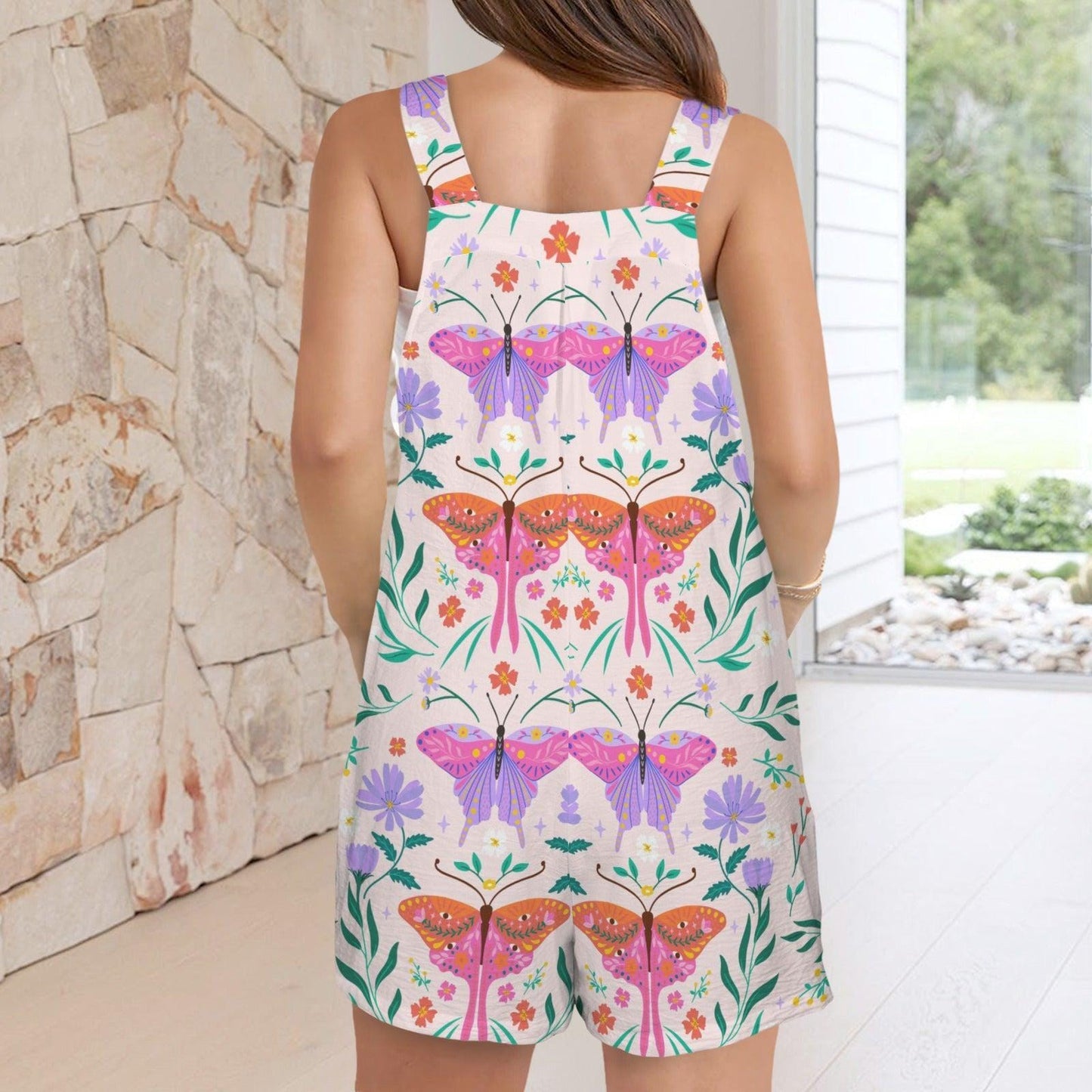 Butterfly Garden Romper for Women, Wildflower Overall Playsuit, Fairycore Summer Jumpsuit, Whimsical Nature Outfit