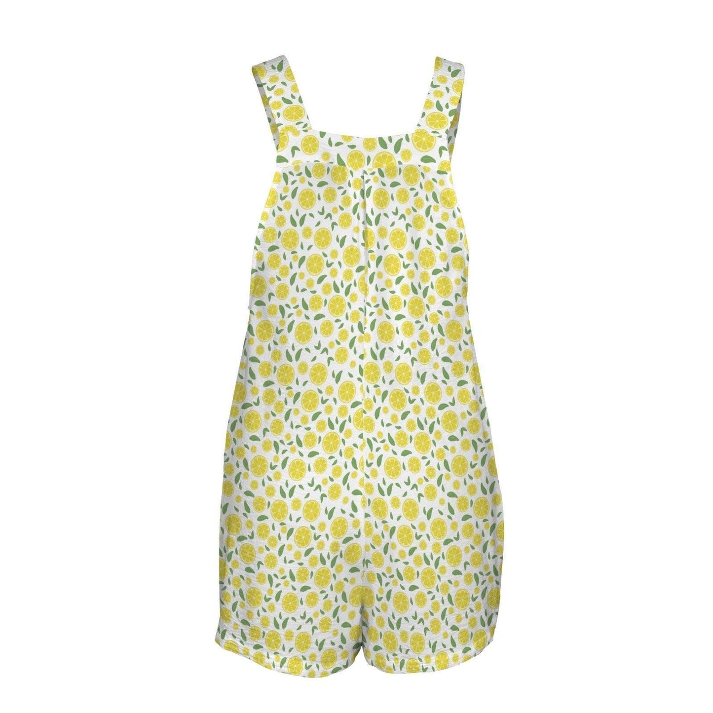Lemon Print Shortalls for Women, Citrus Bib Romper with Pockets, Fresh Summer Farmers Market Outfit