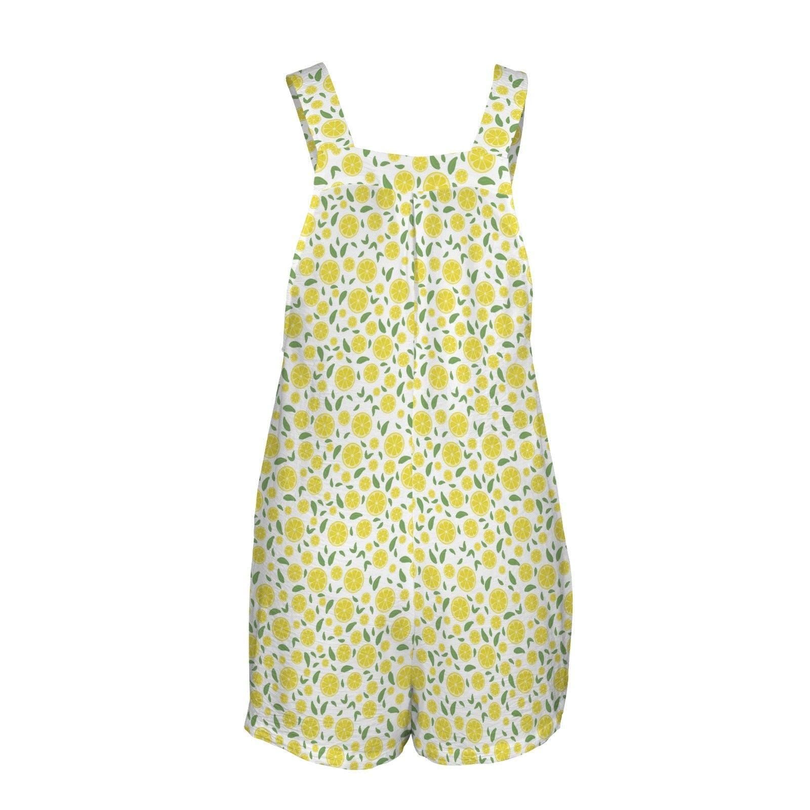 Lemon Print Shortalls for Women, Citrus Bib Romper with Pockets, Fresh Summer Farmers Market Outfit