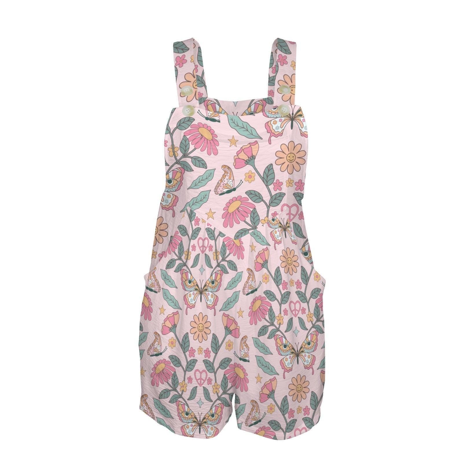Butterfly Floral Shortalls for Women, Retro Daisy Romper, Groovy Pink Playsuit, Whimsical Summer Overalls with Pockets