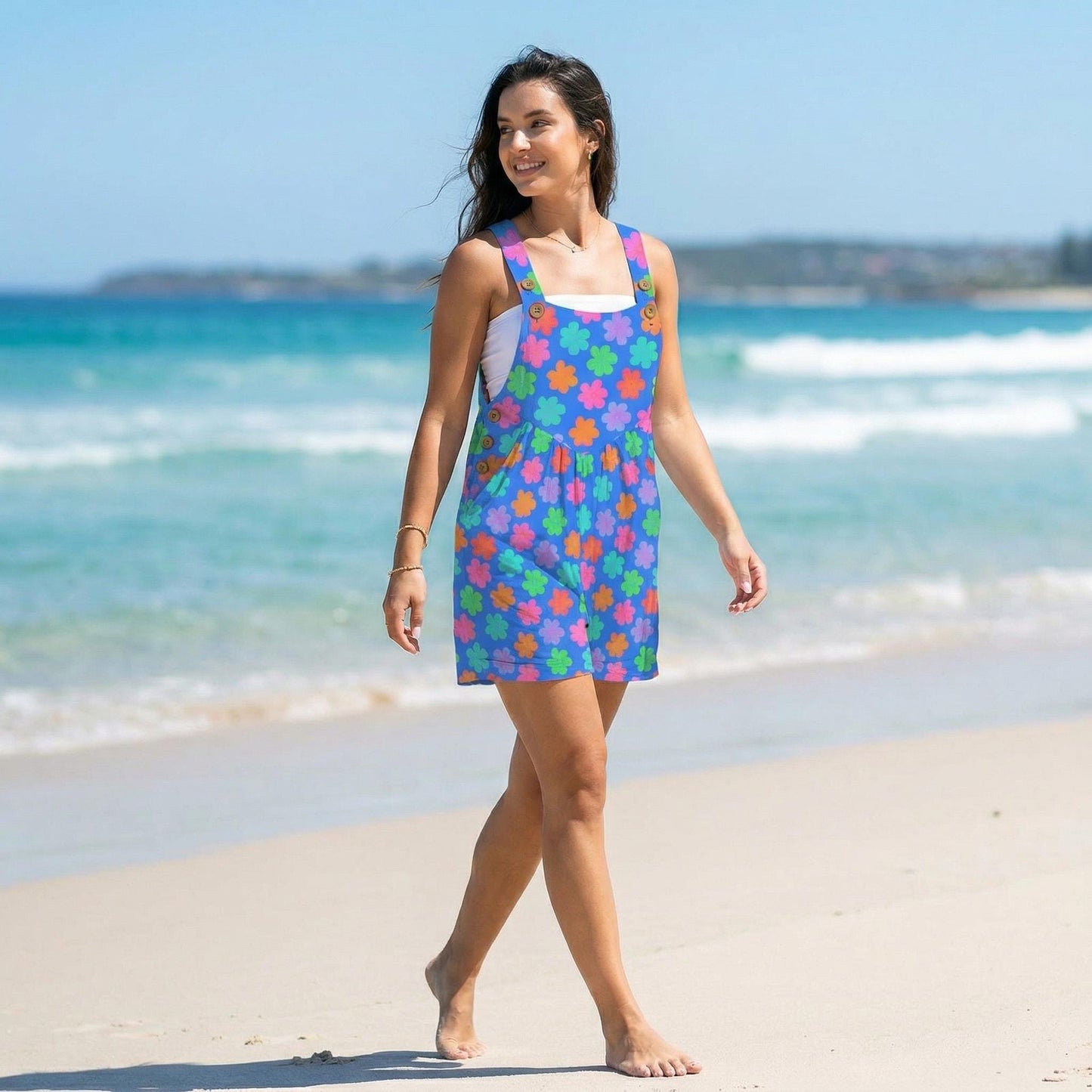 Retro Flower Romper for Women, Bright Blue Daisy Shortalls with Pockets, Groovy Festival Outfit, Colorful Summer Jumpsuit