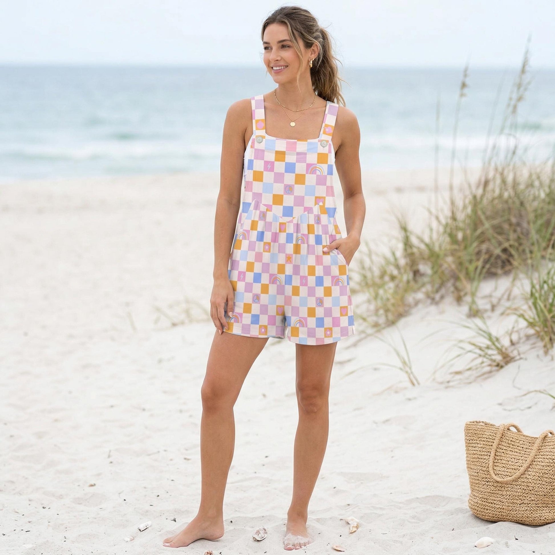 Pastel Checkerboard Romper for Women, Retro Rainbow Pocket Playsuit, Square Neck Summer Shortall for Vacation Outfits