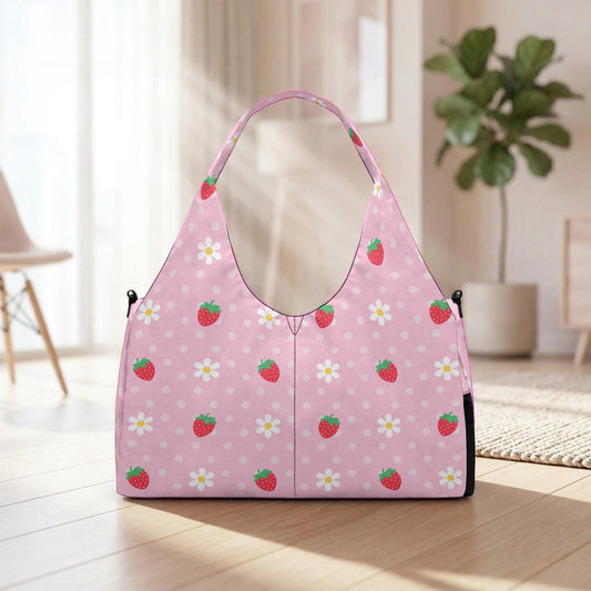 A pink handbag with a pattern of white flowers and red strawberries is displayed on a wooden floor in a room with a potted plant in the background.