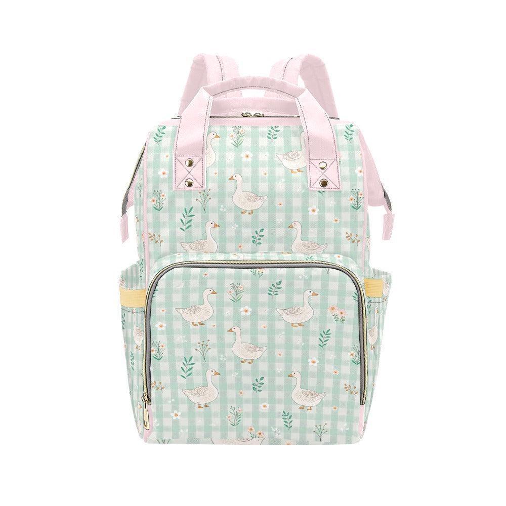 Goose Diaper Bag Backpack, Mint Gingham Cottagecore Mom Bag, Baby Travel Backpack, Farmhouse Stroller Organizer