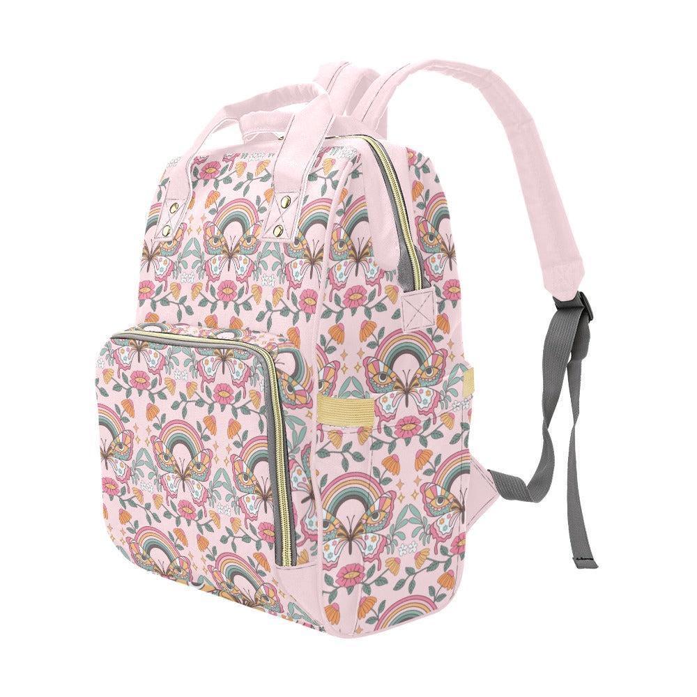 Rainbow Diaper Bag Backpack, Pastel Butterfly Mom Bag, Pink Baby Travel Backpack, Boho Nursery Organizer Gift