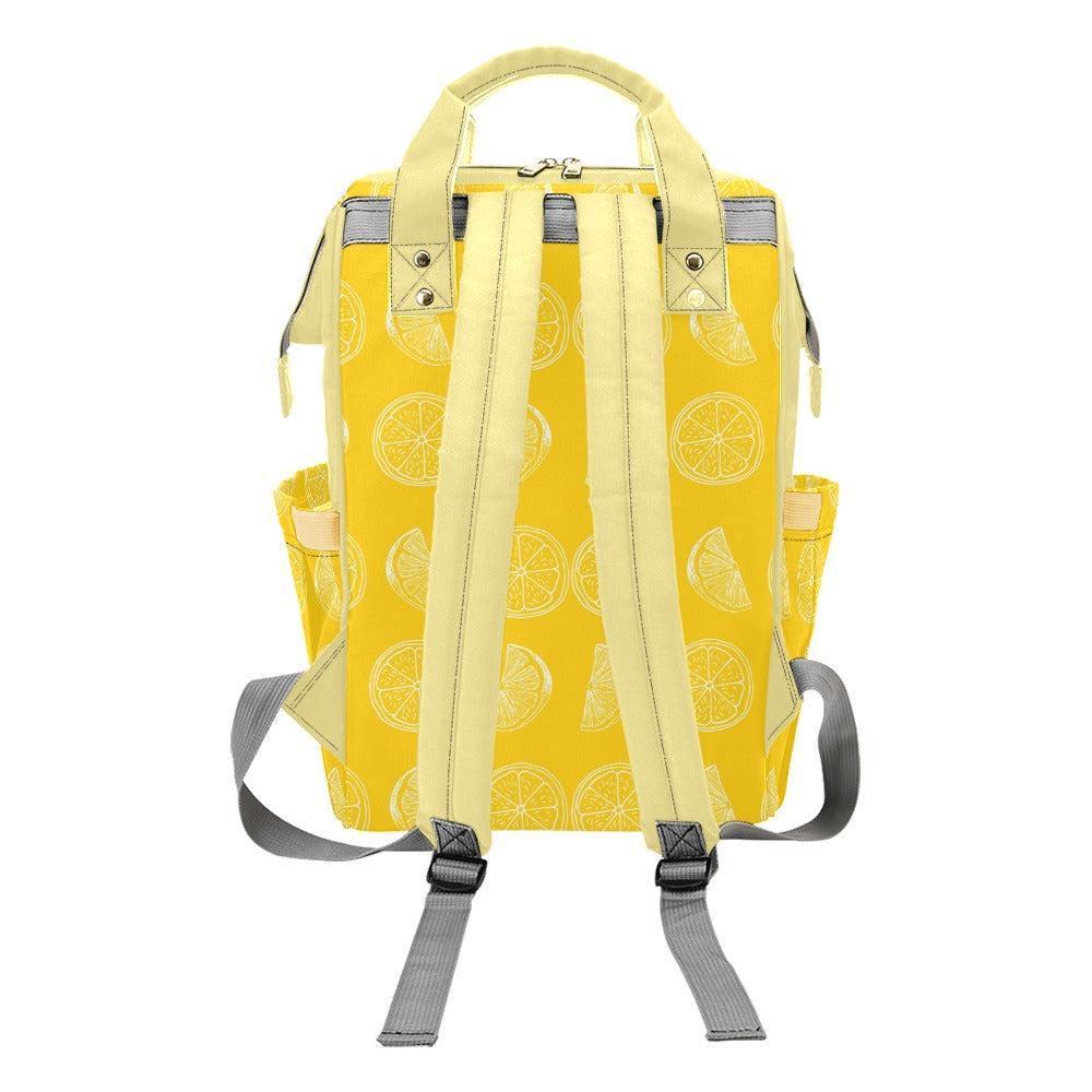 Lemon Print Diaper Bag Backpack, Citrus Baby Travel Organizer, Yellow Mom Bag