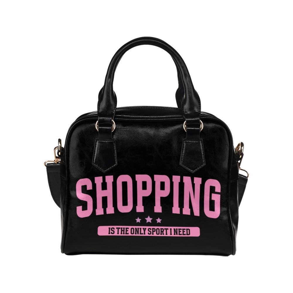 Shopaholic Bowler Bag, Funny Shopping Purse, Black Slogan Handbag, Pink Statement Satchel, Fashion Lover Gift for Her