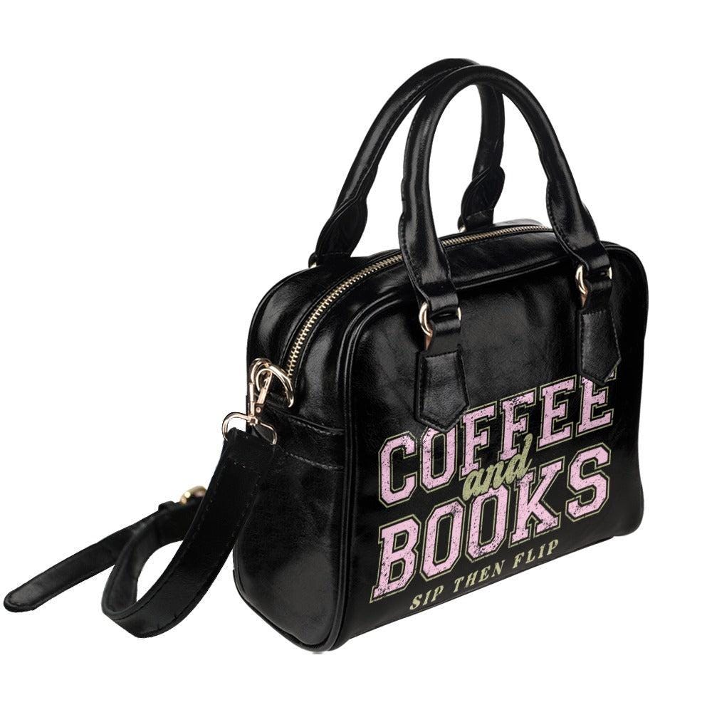 Coffee and books satchel purse, book lover handbag, reader gift shoulder bag, varsity typography top handle bag