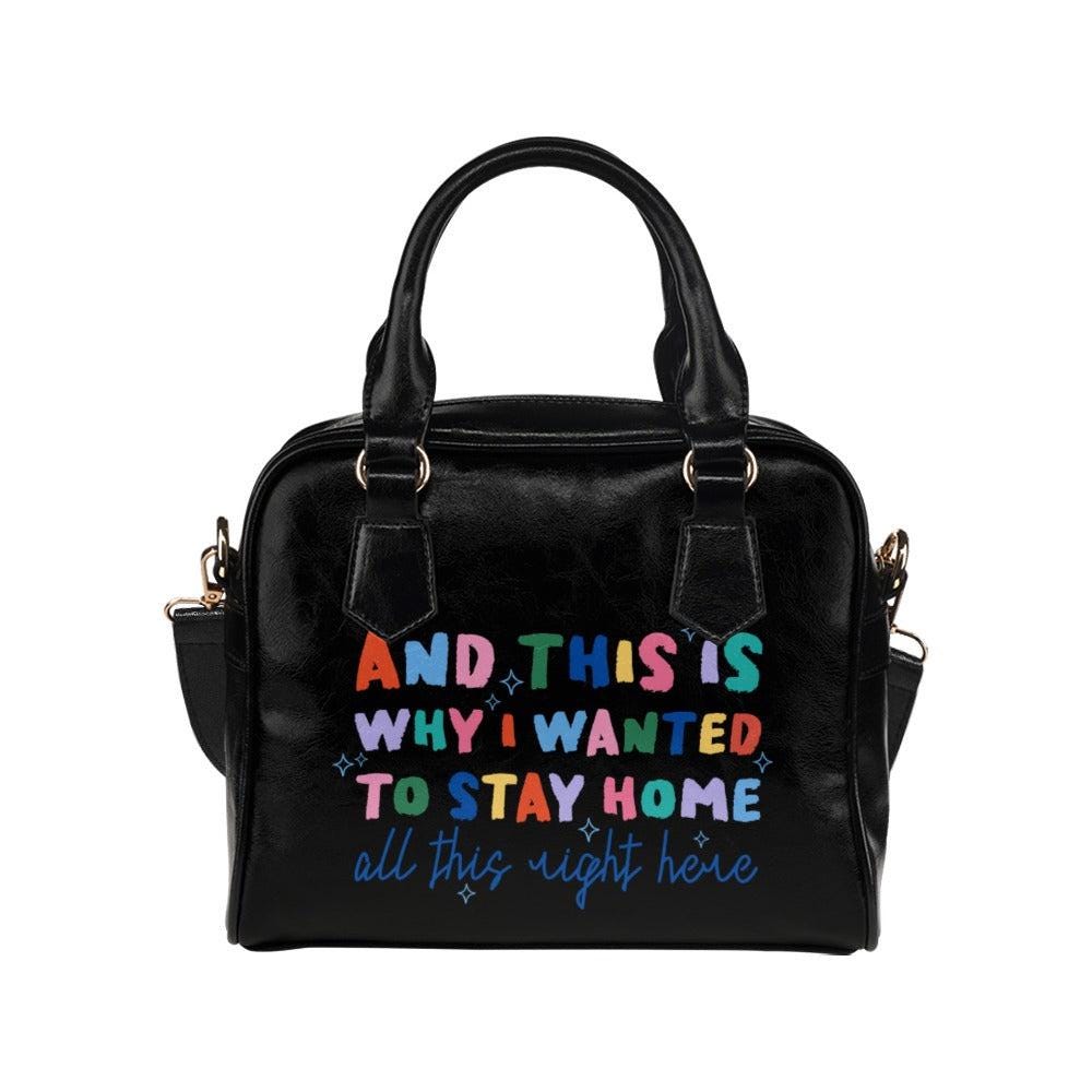 Colorful slogan satchel bag, statement top handle purse, black typography handbag with strap, introvert gift for women