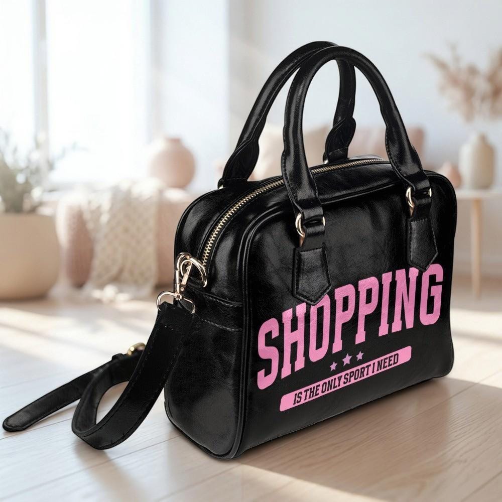 Shopaholic Bowler Bag, Funny Shopping Purse, Black Slogan Handbag, Pink Statement Satchel, Fashion Lover Gift for Her