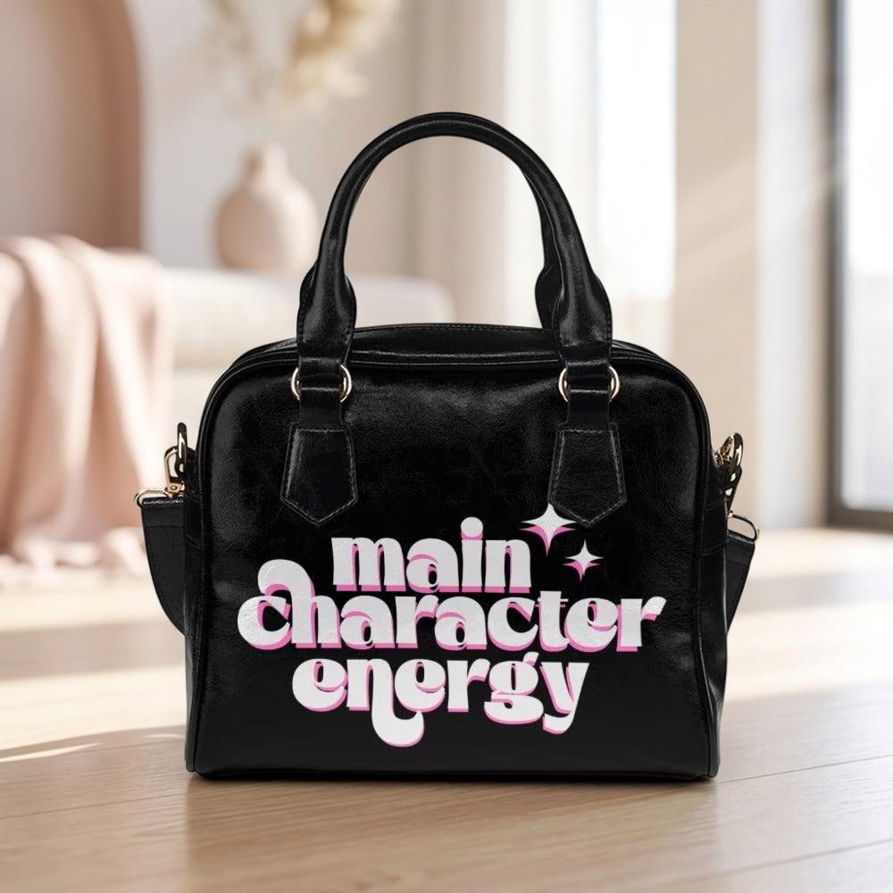 Black Bowler Bag, Main Character Energy Satchel, Retro Typography Graphic Purse