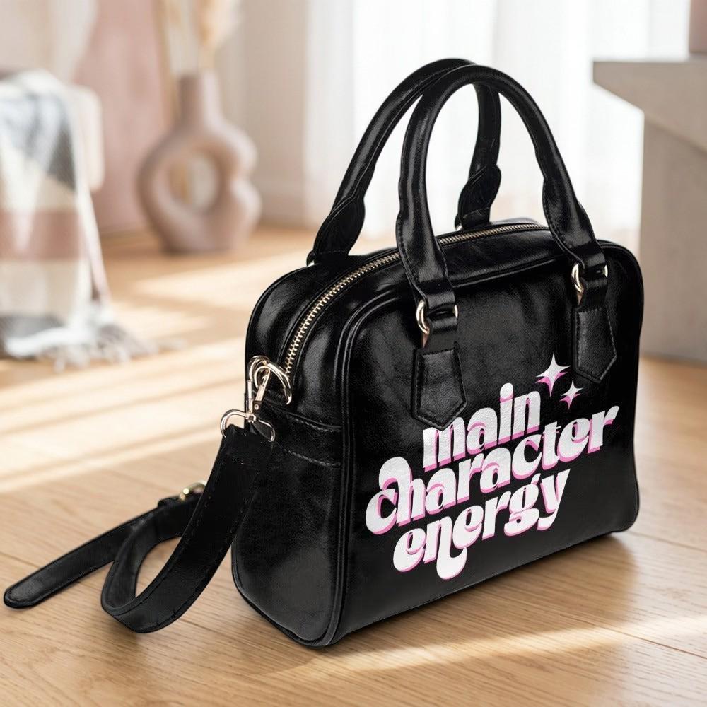 Black Bowler Bag, Main Character Energy Satchel, Retro Typography Graphic Purse