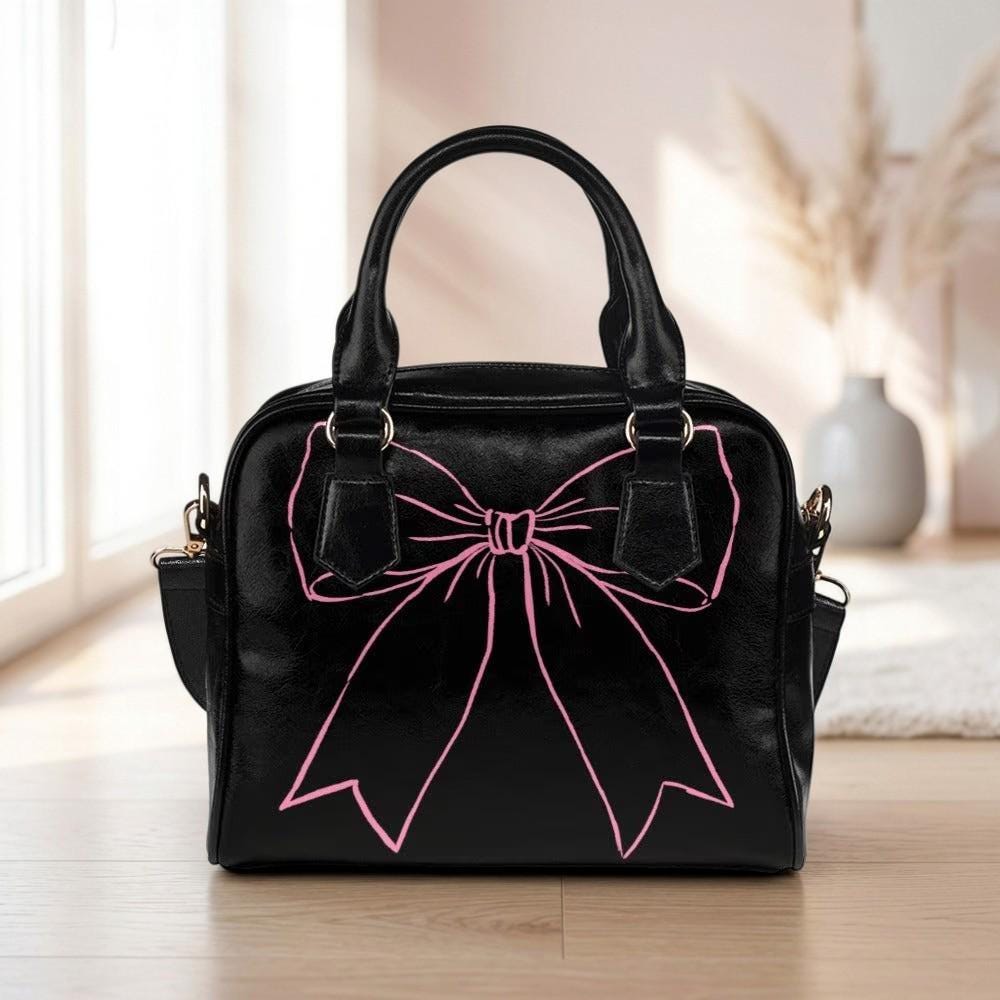 Black Bowler Bag with Pink Bow, Coquette Handbag, Y2K Purse, Cute Girly Shoulder Satchel, Alt Fashion Gift for Her