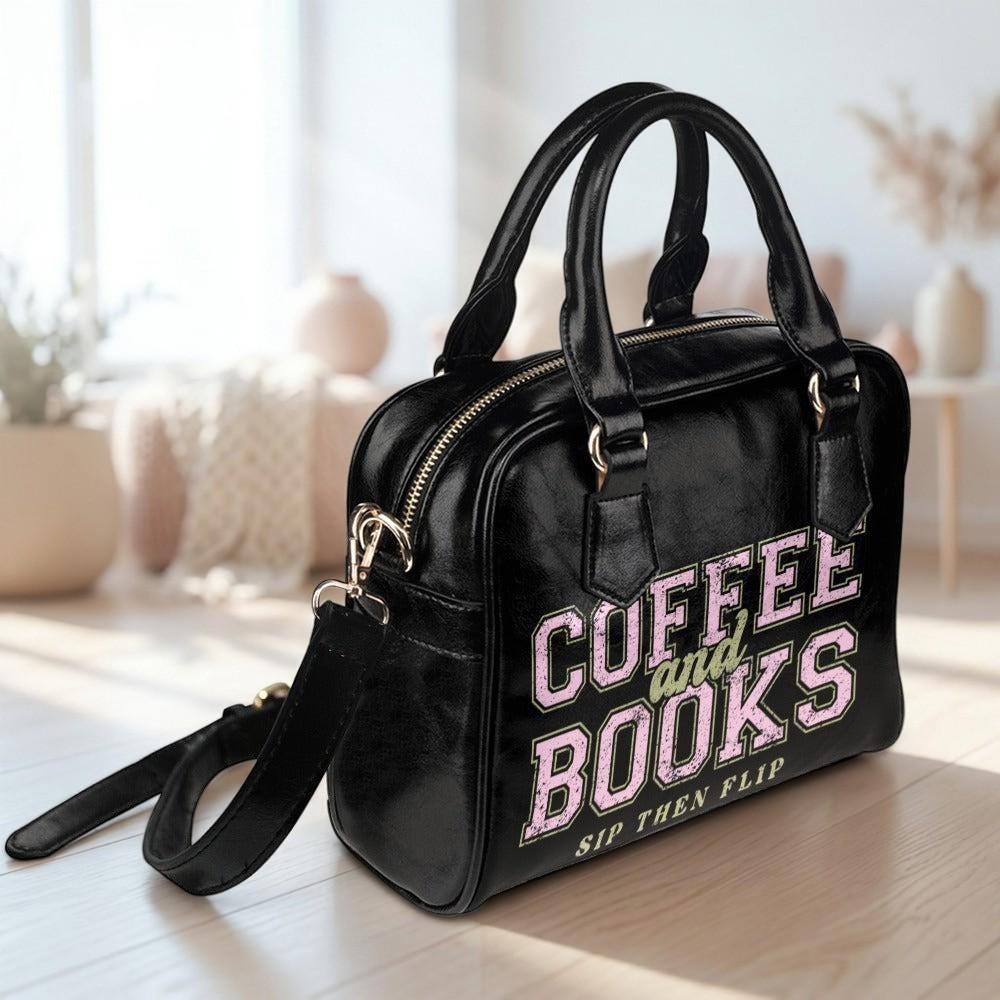 Coffee and books satchel purse, book lover handbag, reader gift shoulder bag, varsity typography top handle bag