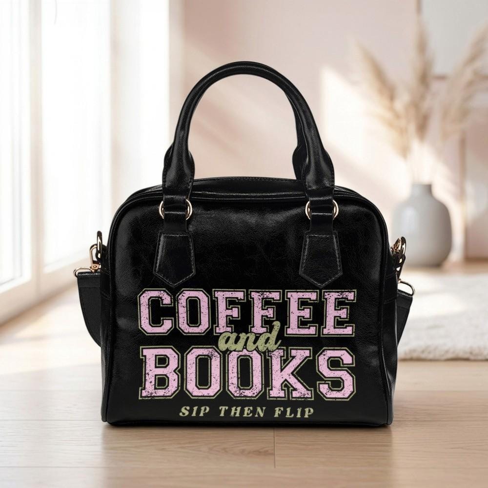 Coffee and books satchel purse, book lover handbag, reader gift shoulder bag, varsity typography top handle bag