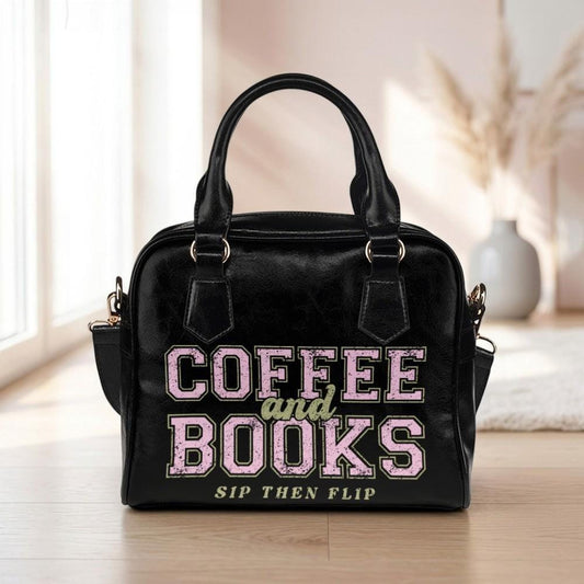 Coffee and books satchel purse, book lover handbag, reader gift shoulder bag, varsity typography top handle bag