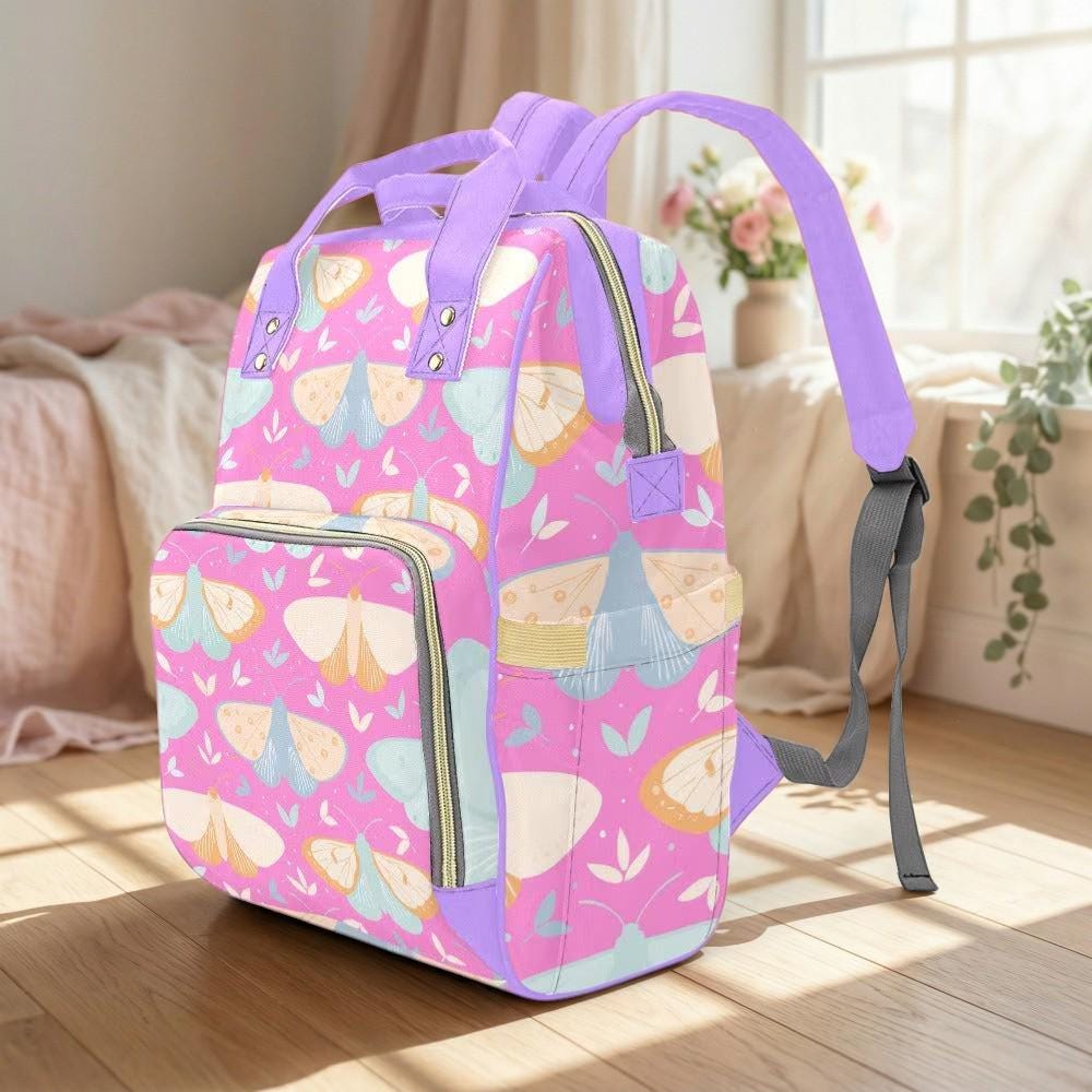 Moth Diaper Bag Backpack, Pink Cottagecore Baby Bag for Moms, Pastel Nursery Organizer, Whimsical Stroller Pack