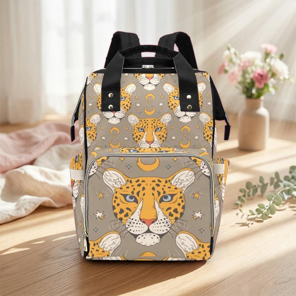 Leopard Diaper Bag Backpack, Neutral Mom Bag, Celestial Baby Backpack, Safari Nursery Organizer, Moon Stroller Bag