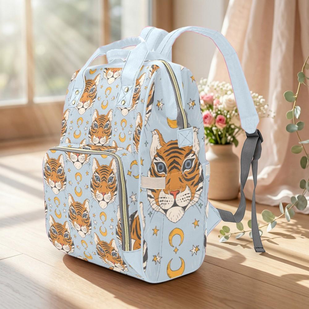 Tiger Diaper Bag Backpack, Celestial Mom Bag, Blue Baby Travel Bag, Moon Nursery Organizer, Animal Print Stroller Bag