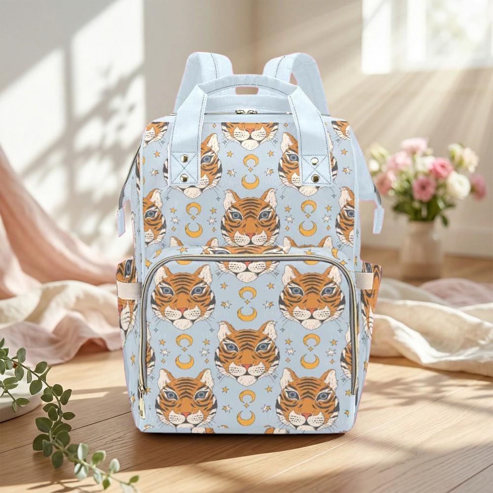 Tiger Diaper Bag Backpack, Celestial Mom Bag, Blue Baby Travel Bag, Moon Nursery Organizer, Animal Print Stroller Bag
