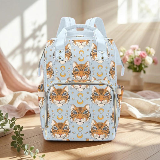 Tiger Diaper Bag Backpack, Celestial Mom Bag, Blue Baby Travel Bag, Moon Nursery Organizer, Animal Print Stroller Bag