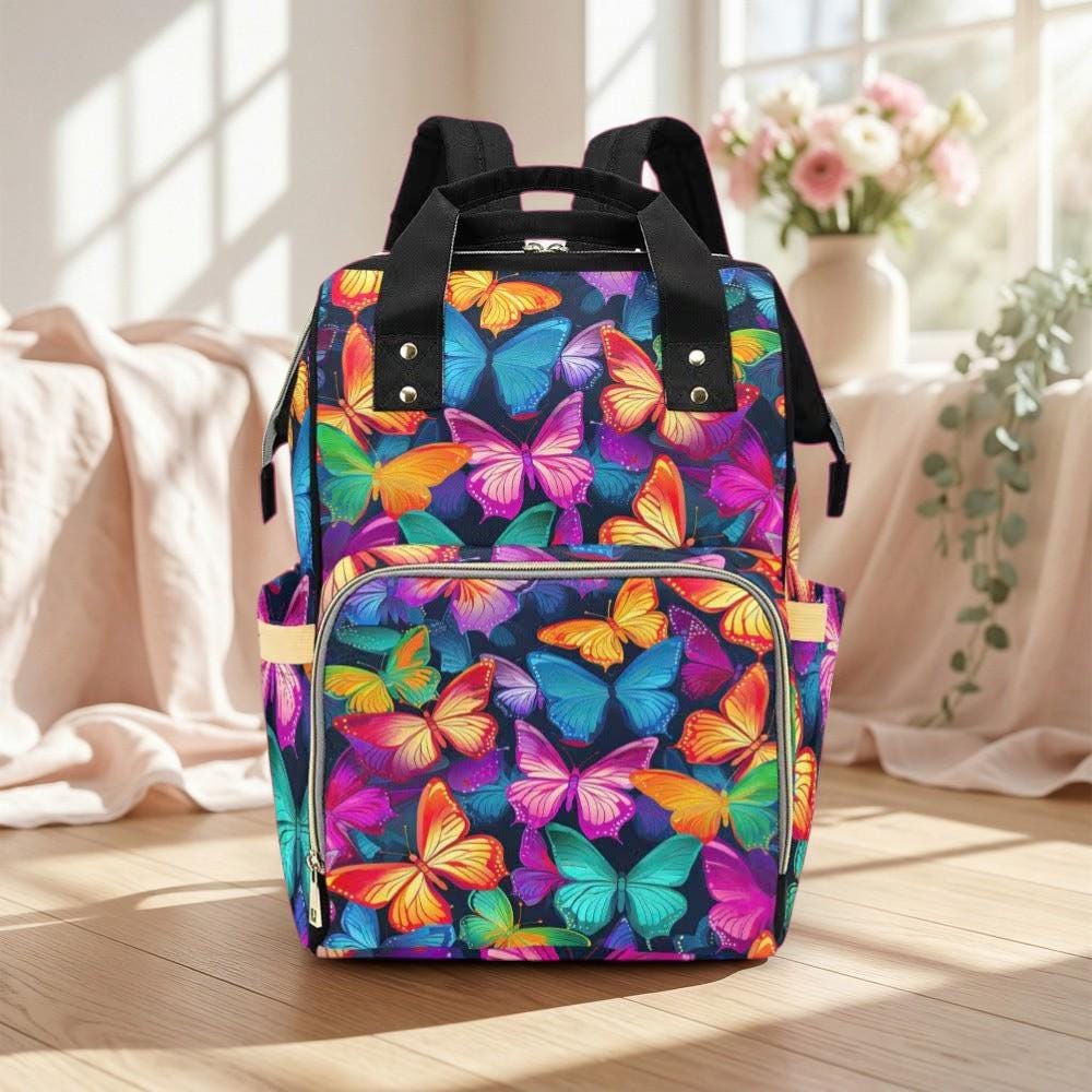 Butterfly Diaper Bag Backpack, Colorful Baby Travel Bag for Moms, Butterfly Print Nursery Organizer, Vibrant Stroller Bag