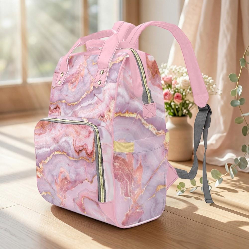 Pink Marble Diaper Bag Backpack, Blush Mom Backpack, Baby Travel Bag, Pastel Nursery Organizer, Chic Stroller Bag Gift