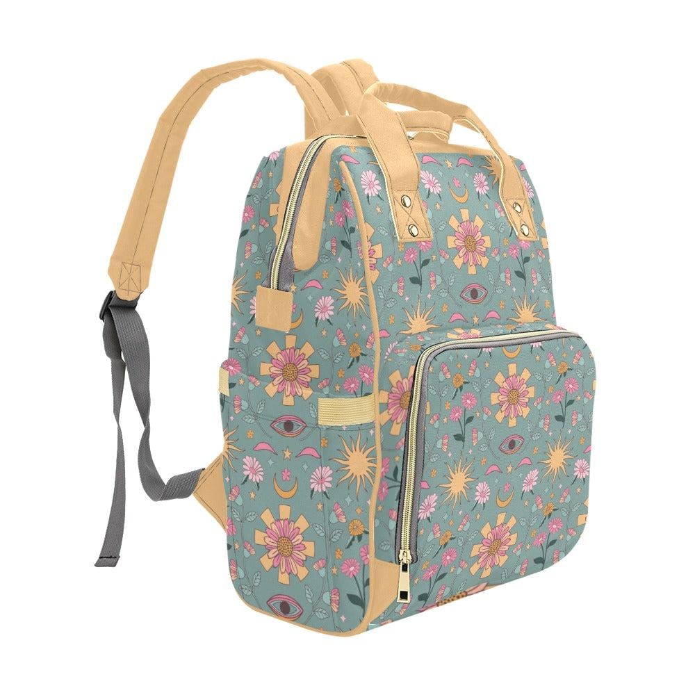 Celestial Diaper Bag Backpack, Boho Floral Baby Travel Bag, Sun Moon Mom Backpack, Nursery Organizer, Stroller Bag Gift