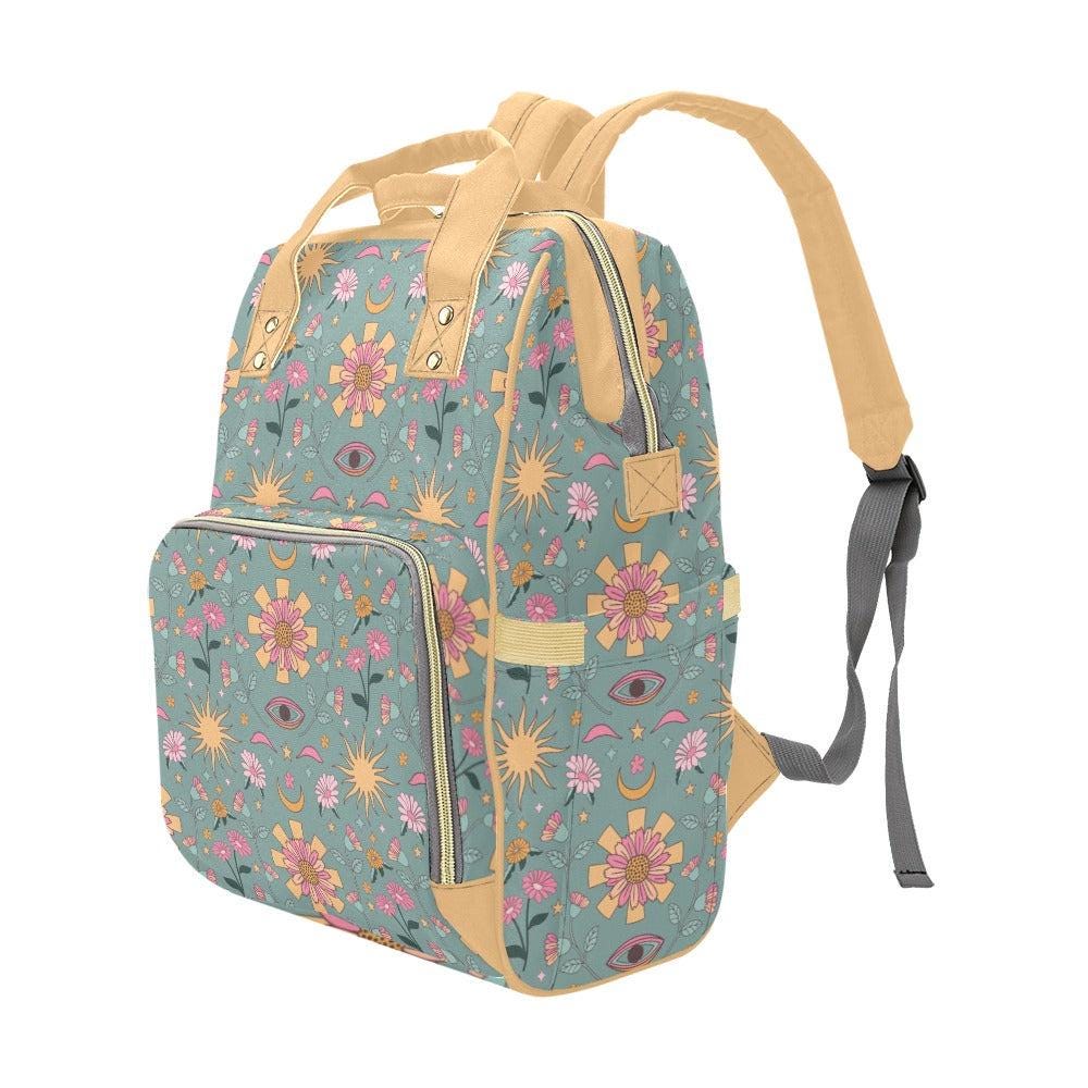 Celestial Diaper Bag Backpack, Boho Floral Baby Travel Bag, Sun Moon Mom Backpack, Nursery Organizer, Stroller Bag Gift