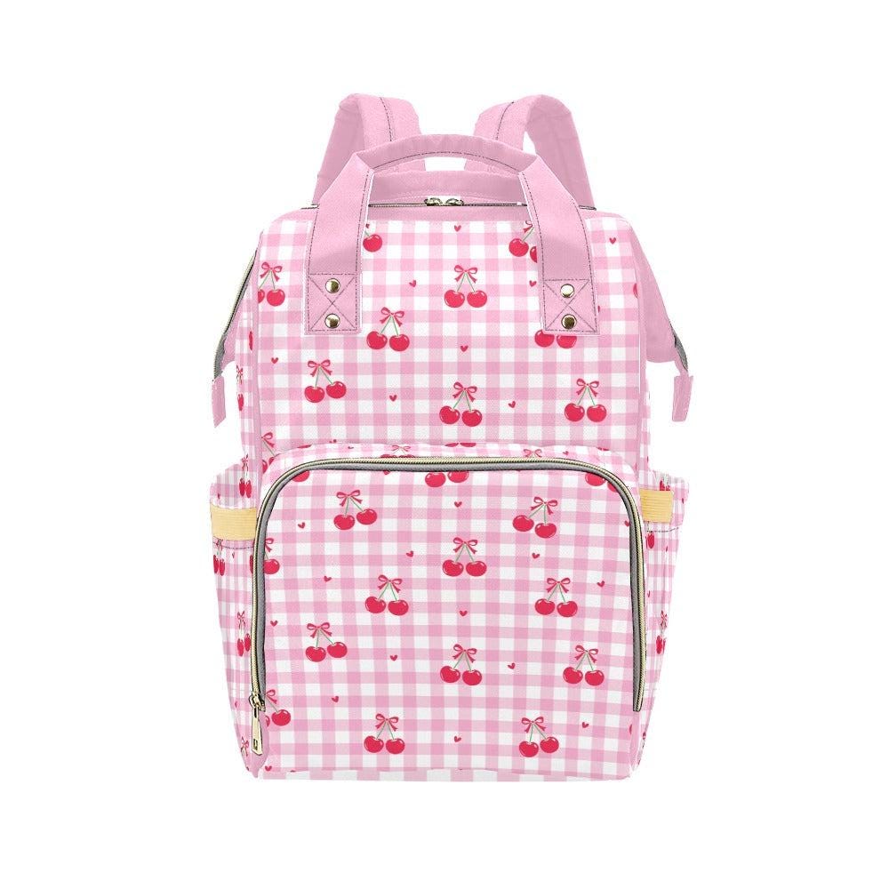 Cherry Diaper Bag Backpack, Pink Gingham Coquette Mom Bag, Baby Weekend Backpack, Cute Stroller Organizer Gift