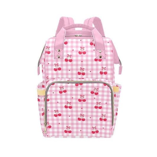 Cherry Diaper Bag Backpack, Pink Gingham Coquette Mom Bag, Baby Weekend Backpack, Cute Stroller Organizer Gift
