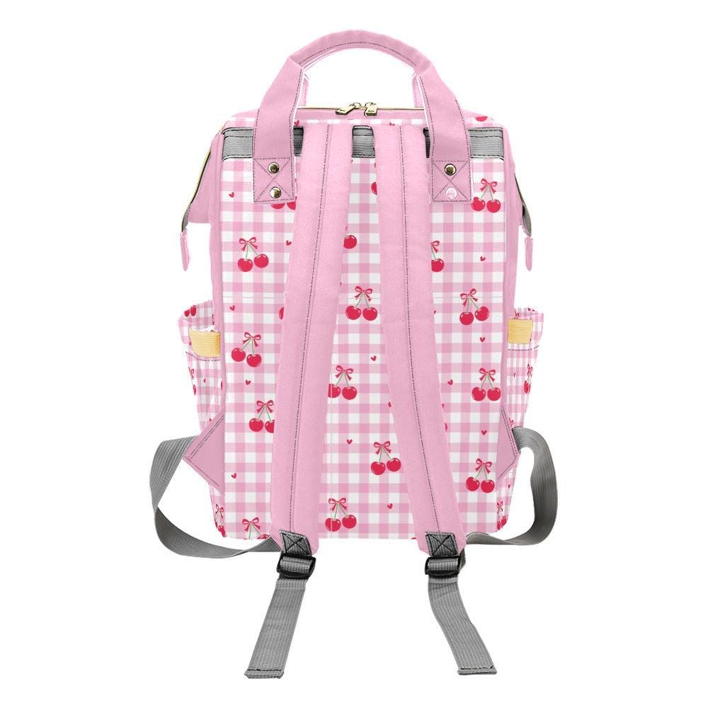 Cherry Diaper Bag Backpack, Pink Gingham Coquette Mom Bag, Baby Weekend Backpack, Cute Stroller Organizer Gift