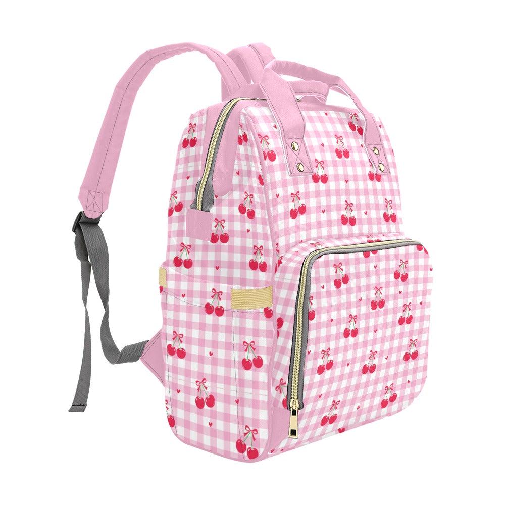 Cherry Diaper Bag Backpack, Pink Gingham Coquette Mom Bag, Baby Weekend Backpack, Cute Stroller Organizer Gift