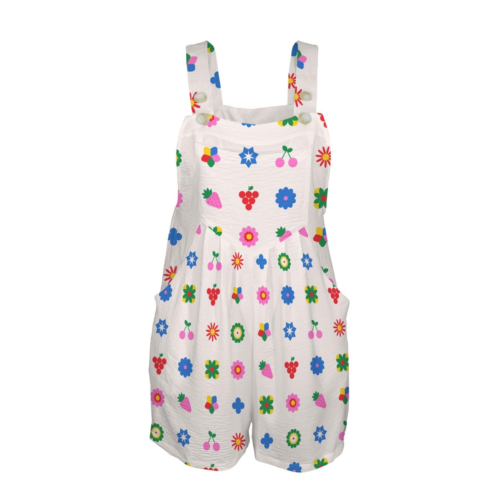 Groovy Fruit Floral Shortalls for Women, Colorful Retro Bib Romper with Pockets, Mod Summer Playsuit for Vacation and Festivals