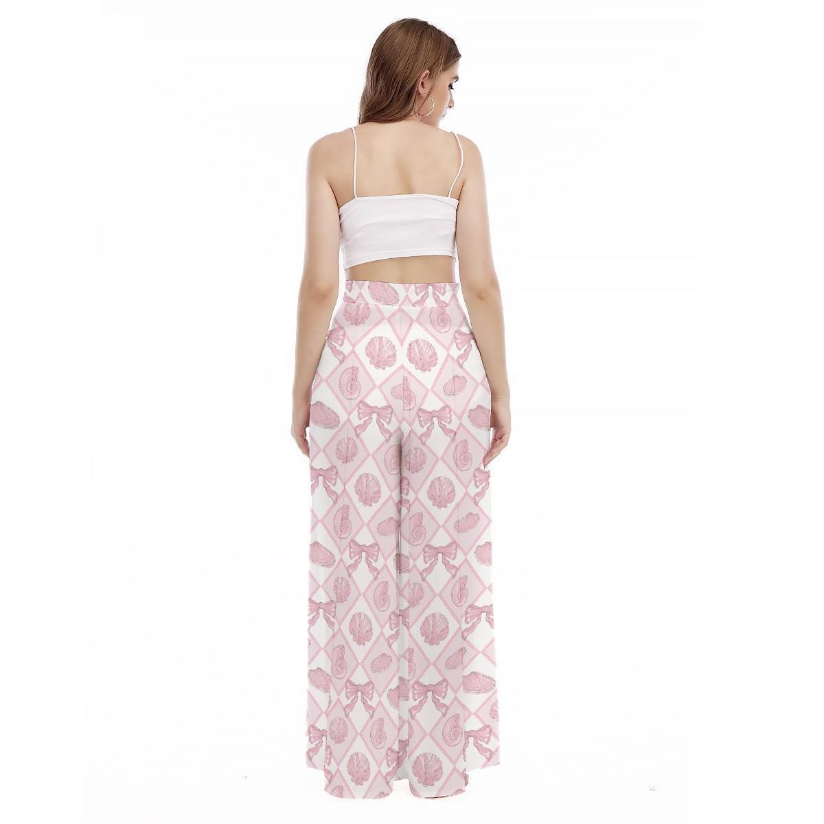 Pink Seashell Wide Leg Pants, Coastal Coquette Bow Trousers, High Waist Resort Wear