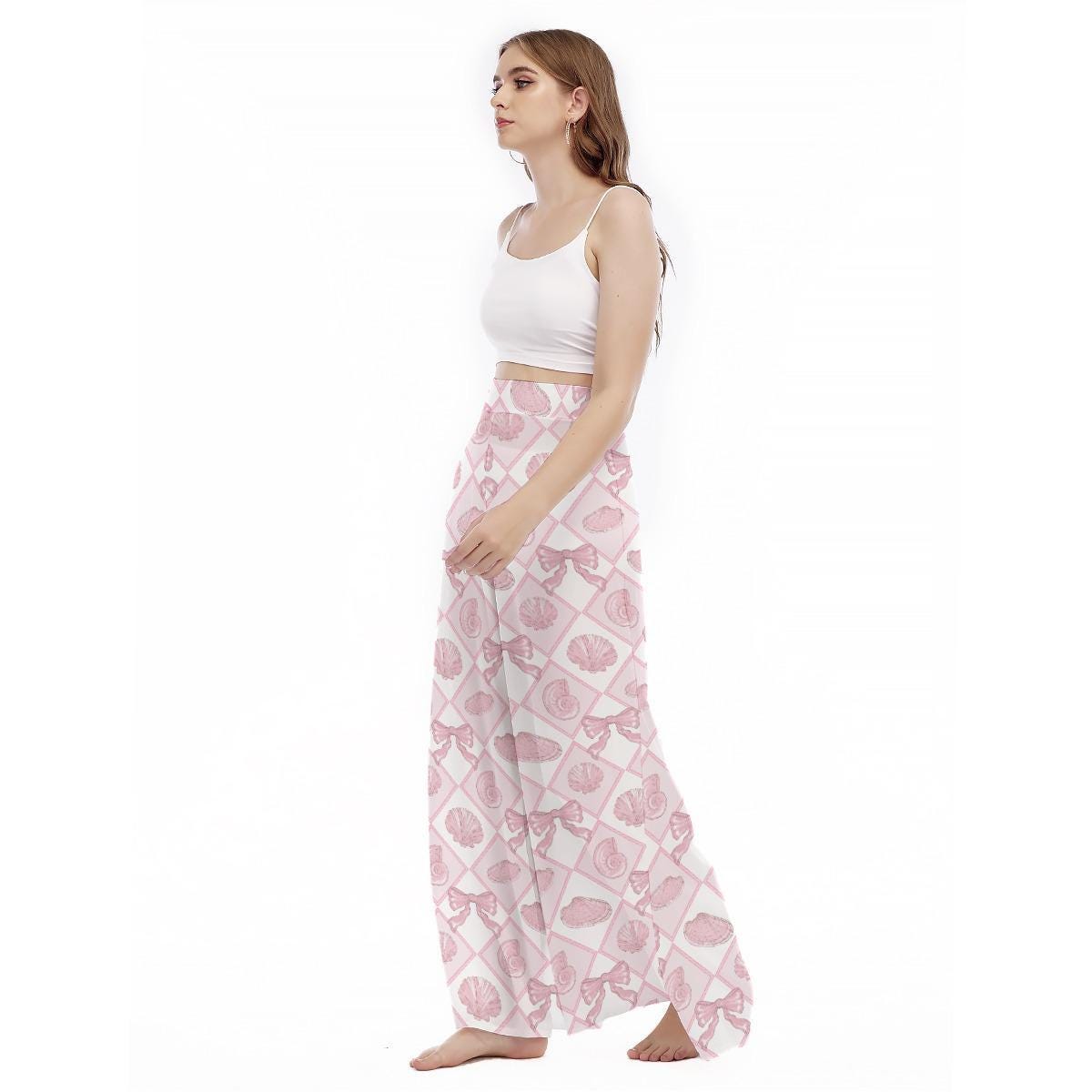 Pink Seashell Wide Leg Pants, Coastal Coquette Bow Trousers, High Waist Resort Wear