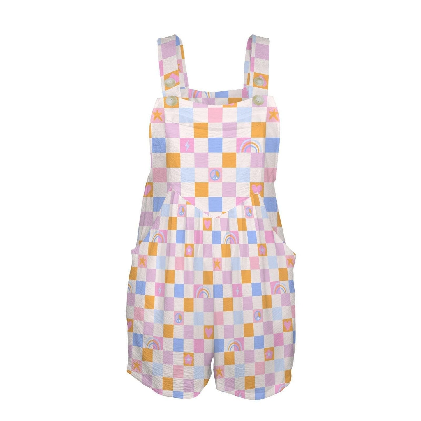 Pastel Checkerboard Romper for Women, Retro Rainbow Pocket Playsuit, Square Neck Summer Shortall for Vacation Outfits