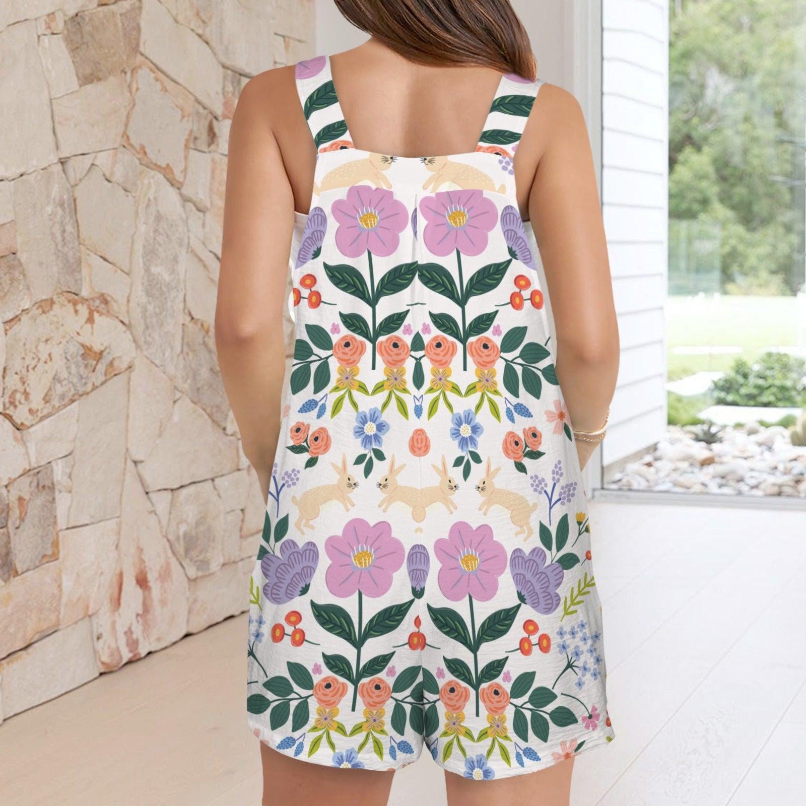 Bunny Floral Overall Romper for Women, Cottagecore Rabbit Shortalls, Wildflower Bib Jumpsuit, Whimsical Spring Garden Outfit