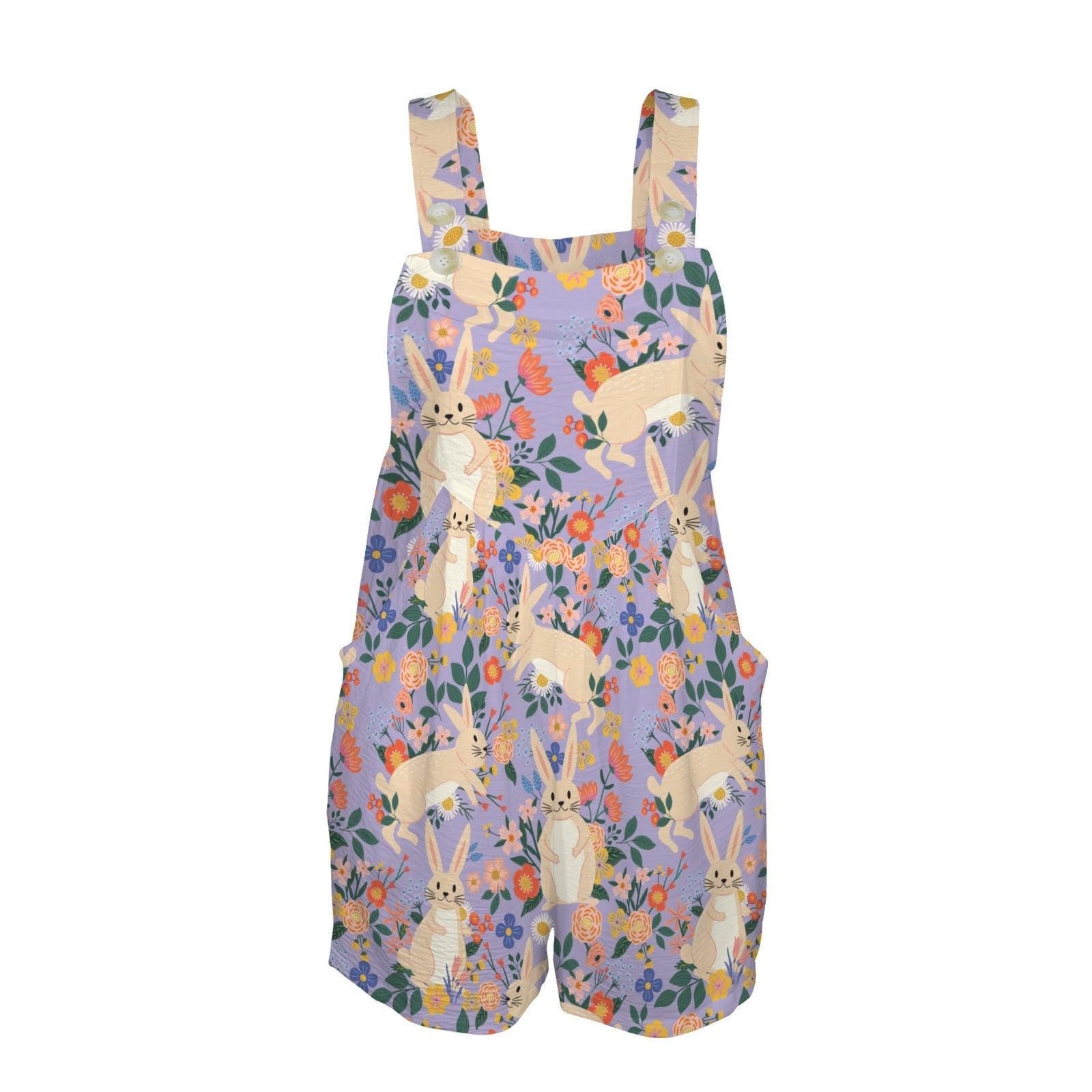 Bunny Floral Overall Shorts Romper for Women, Easter Rabbit Print Pocket Outfit, Lavender Spring Cottagecore Jumpsuit