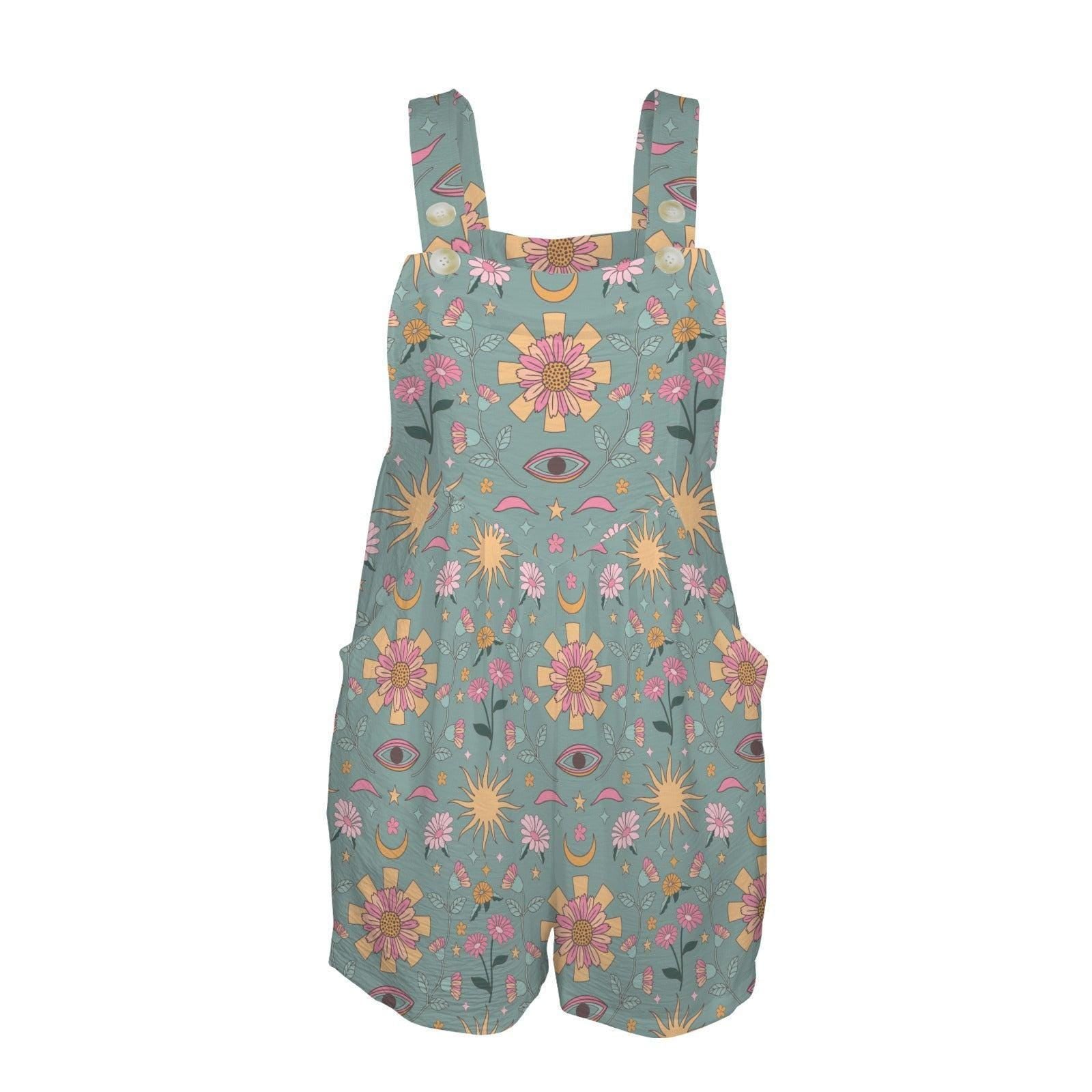 Celestial Floral Romper for Women, Sun Moon Eye Shortalls with Pockets, Boho Mystic Festival Outfit