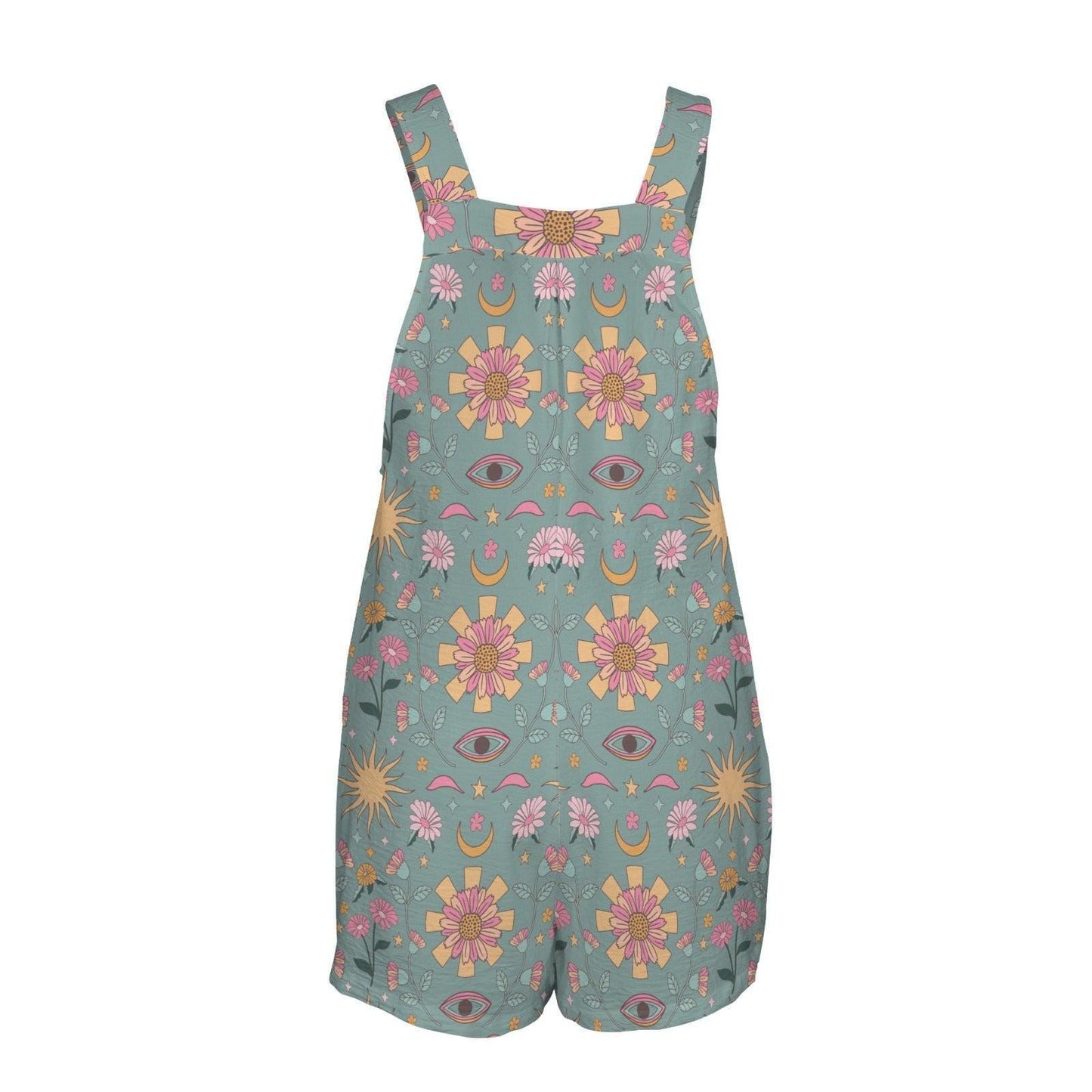 Celestial Floral Romper for Women, Sun Moon Eye Shortalls with Pockets, Boho Mystic Festival Outfit