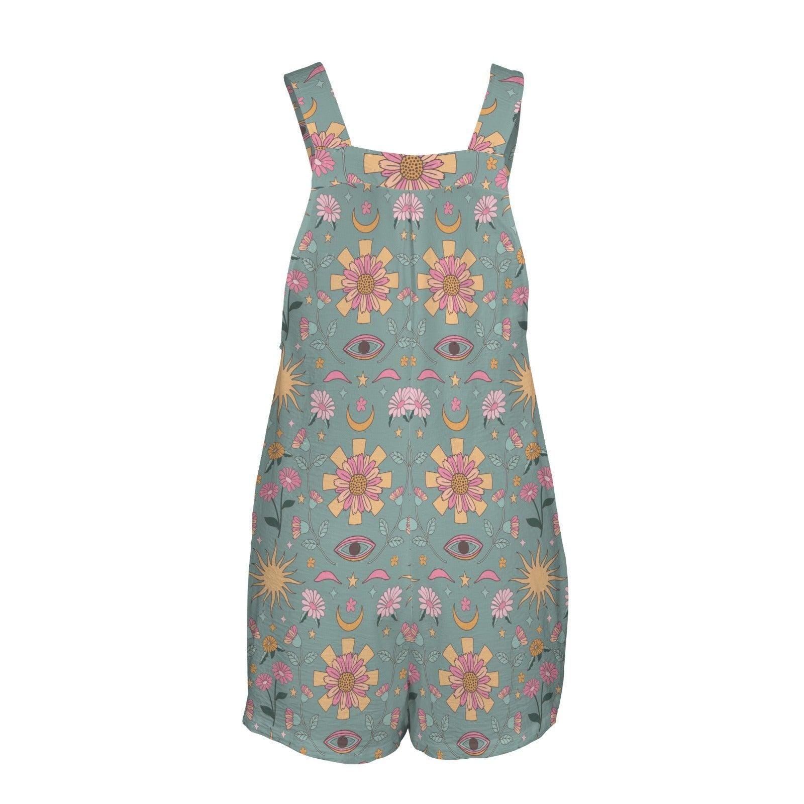 Celestial Floral Romper for Women, Sun Moon Eye Shortalls with Pockets, Boho Mystic Festival Outfit