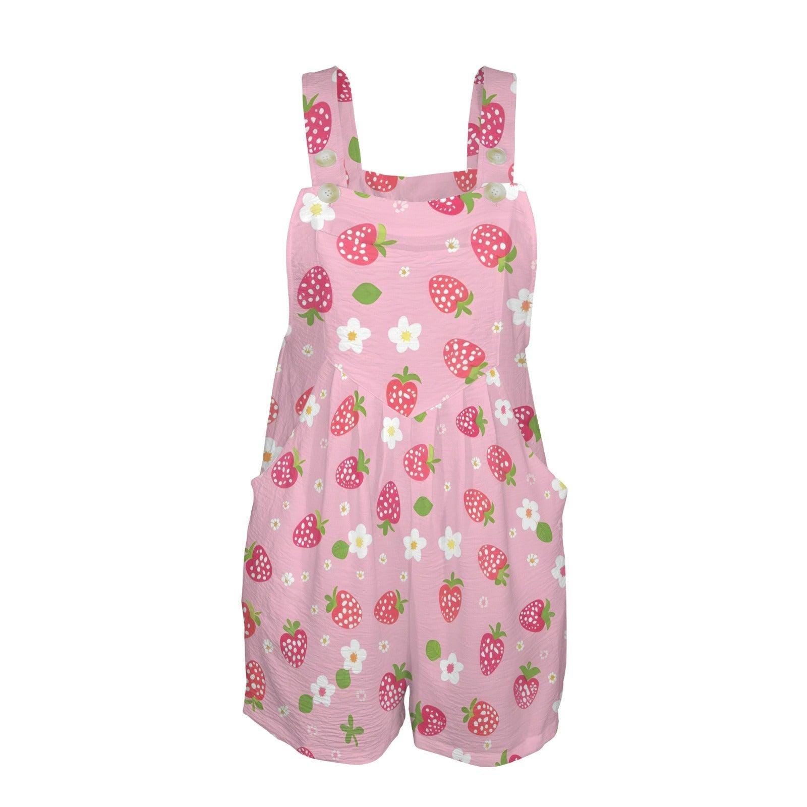 Strawberry Print Romper for Women, Pink Cottagecore Shortall with Pockets, Berry Picnic Playsuit for Spring Summer