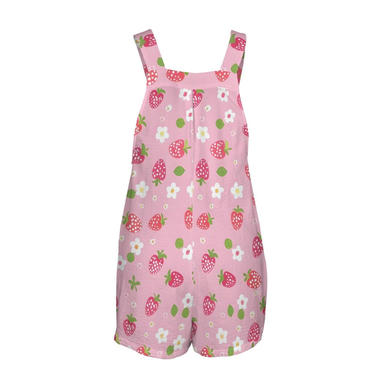 Strawberry Print Romper for Women, Pink Cottagecore Shortall with Pockets, Berry Picnic Playsuit for Spring Summer