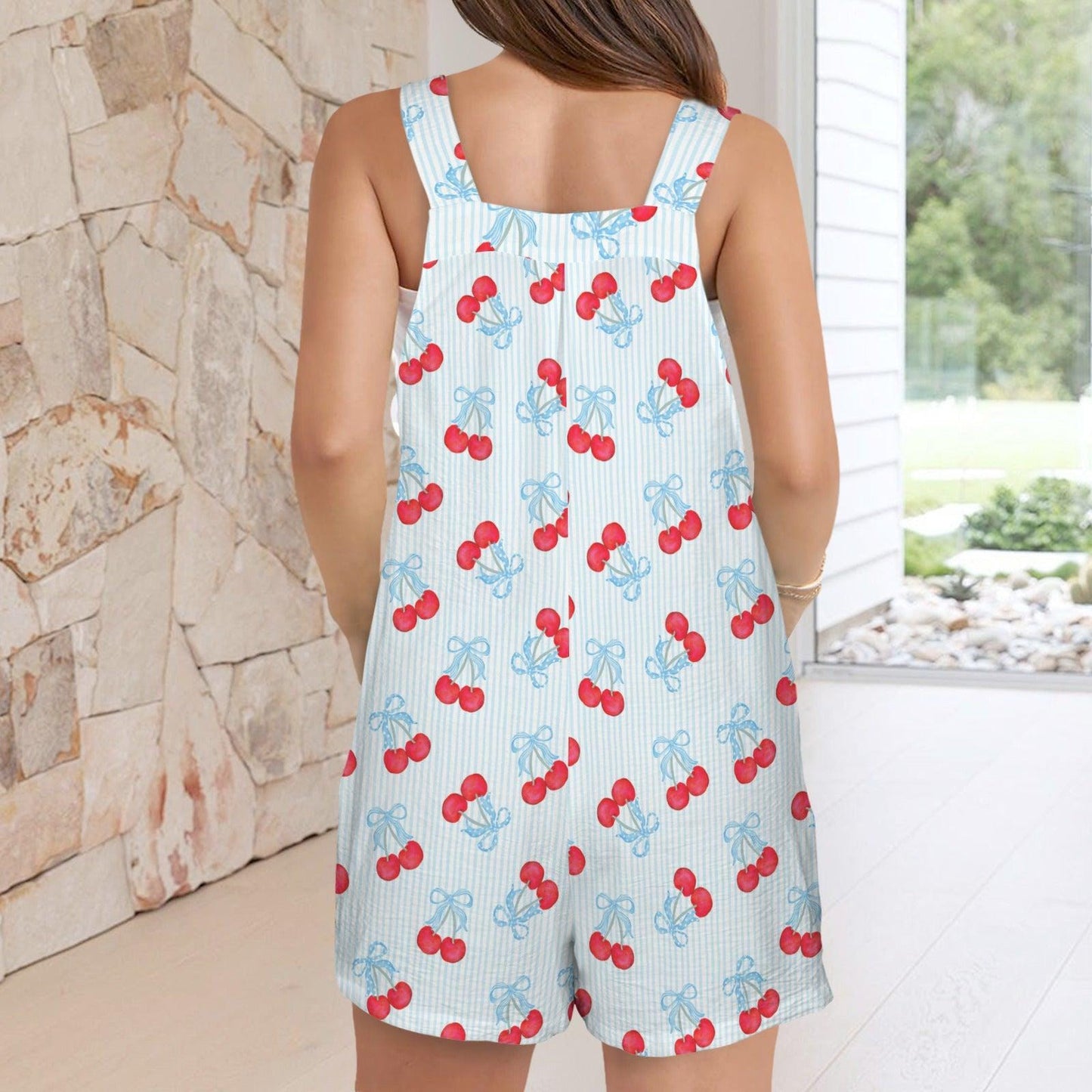 Cherry bow shortalls for women, blue stripe romper, coquette summer playsuit, picnic outfit with pockets, cute fruit overall shorts