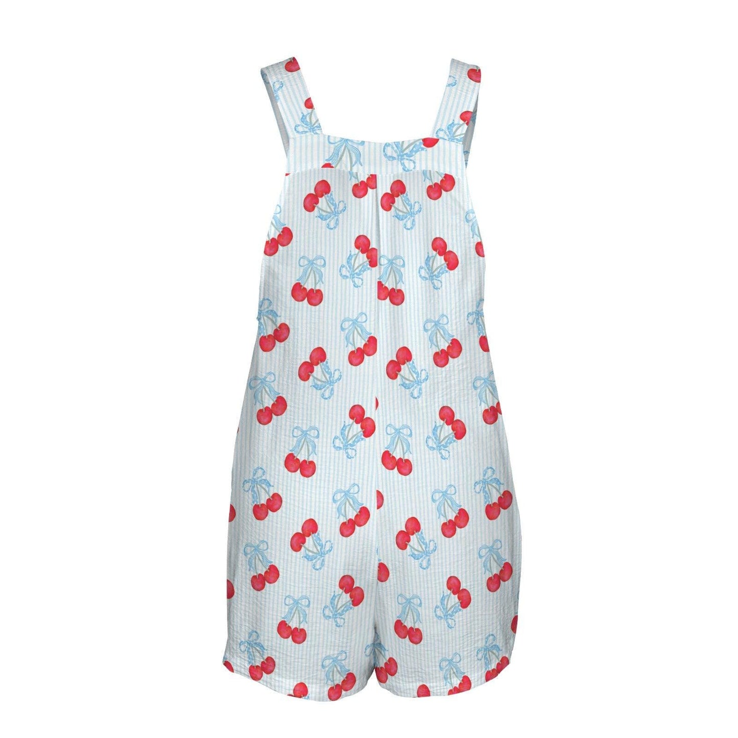 Cherry bow shortalls for women, blue stripe romper, coquette summer playsuit, picnic outfit with pockets, cute fruit overall shorts