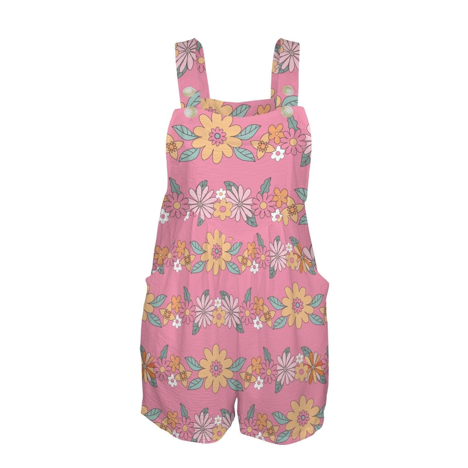 Pink Floral Shortalls for Women, Retro Daisy Bib Romper with Pockets, Groovy Spring Festival One Piece Outfit